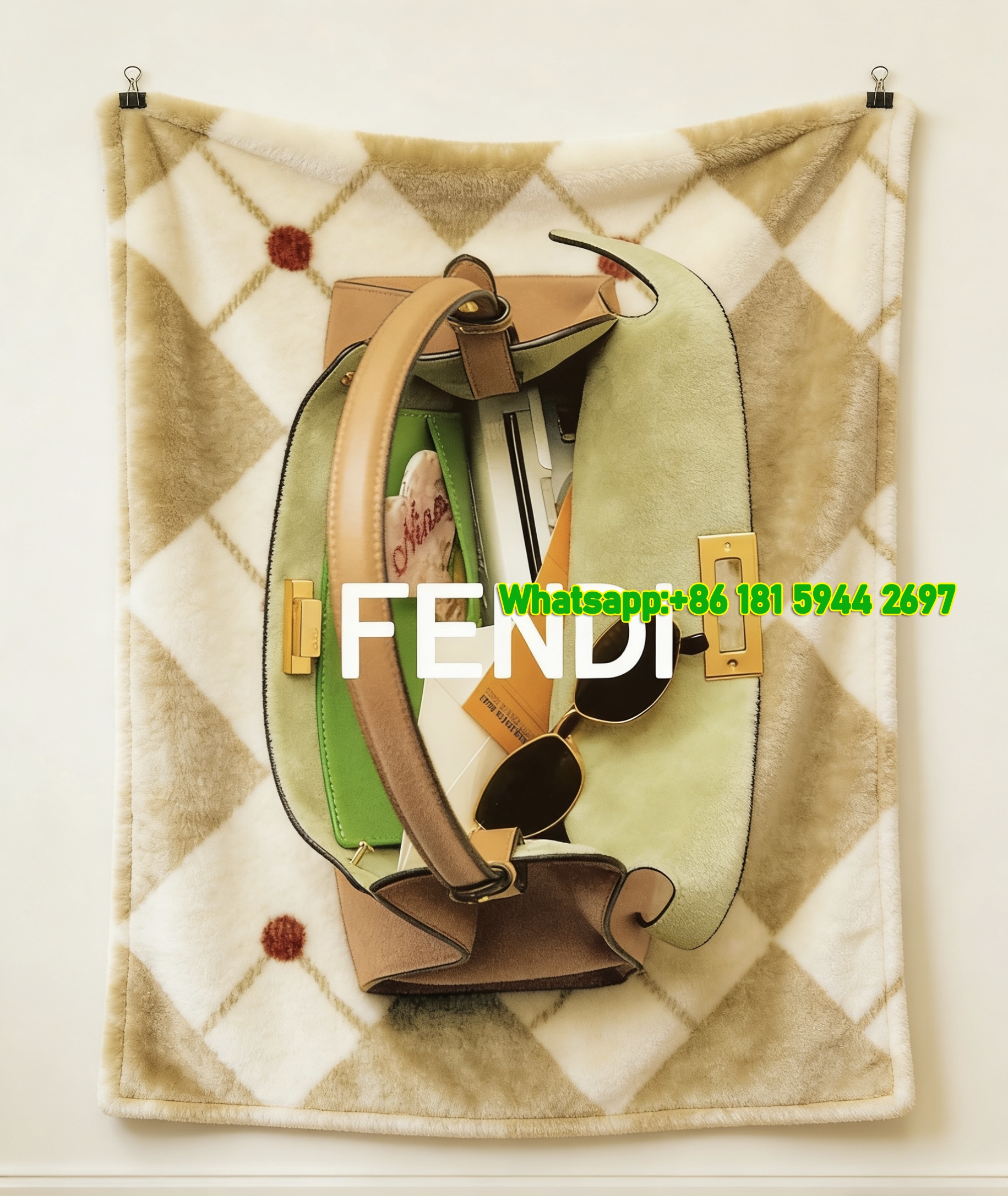 Fendi Luxury Bag Print Flannel Throw Blanket for Sofa & Wall Hanging Decor IMG_9554